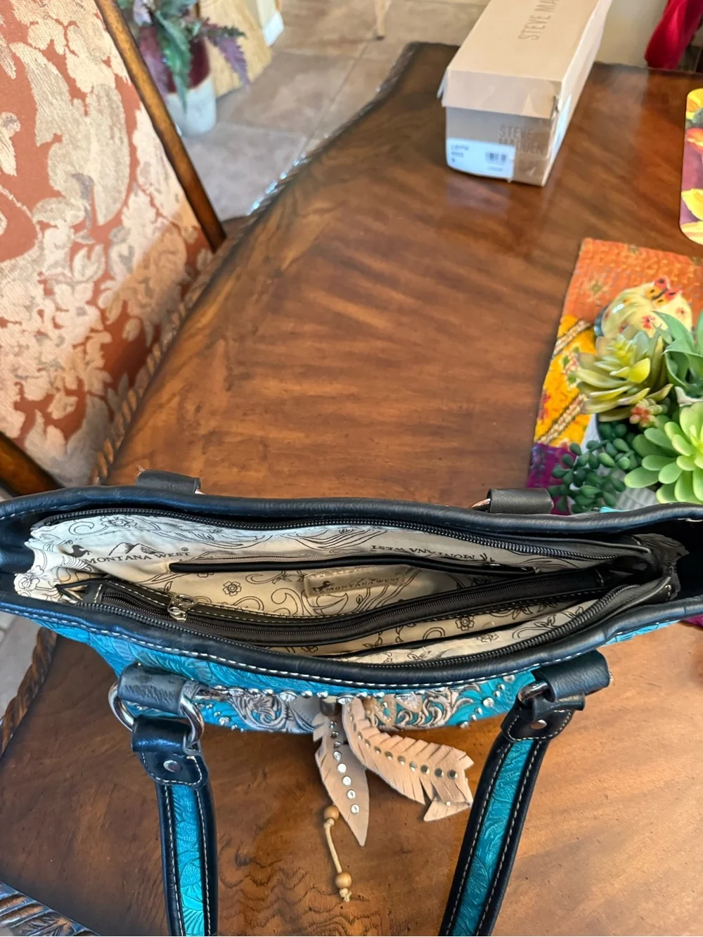 New Concealed Carry Turquoise Embroidered Feather Accent Shoulder Bag - Women
